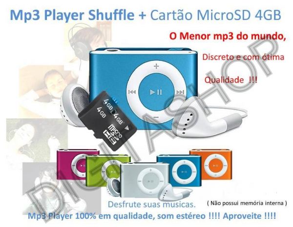 Mp3 Player Shuffle Clip + Cabo Usb + Fone + Micro Sd 4gb